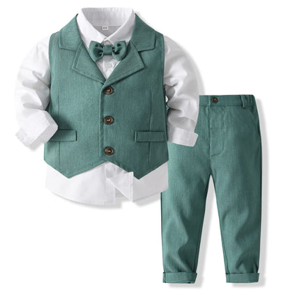 Baby Boy Formal Suit Gentleman Clothes Sets Autumn Children Birthday Wedding Party Dress Suit Sets Bowtie Shirt+Vest+Trouser Set