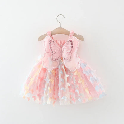 Girls' New Summer Dress With Large Butterfly Wings On The Back Drawstring Waist Mesh Colorful Butterfly Princess Dress Party