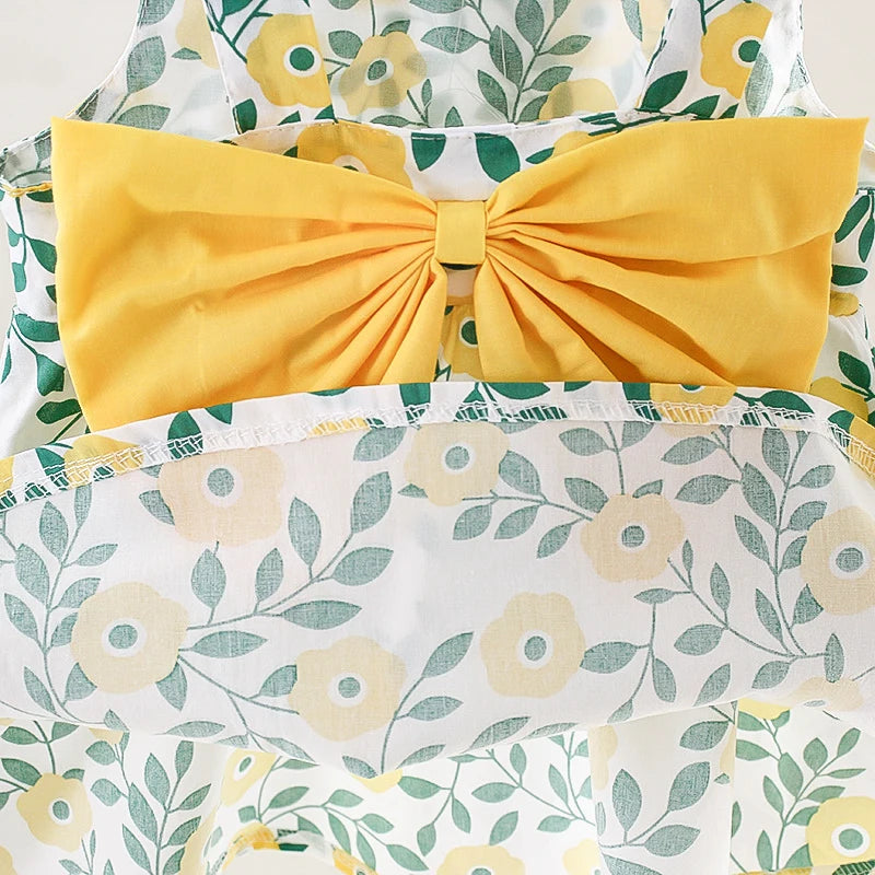 Summer New Girls Dress Halter Ribbon Ribbon Full Print Floral A-line Dress Birthday Party Team Dress + Hat Bow Ribbon