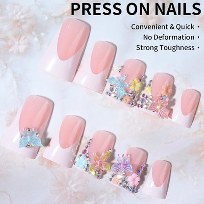 24pcs medium fake nail white French duck feet, colorful 3d butterfly flowers design, full cover press on nail，suitable for women