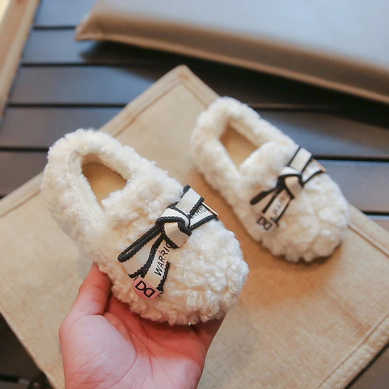 Children Winter Loafers Bowtie Fleece Leisure Slip-on Kids Flat Shoes Warm Round Toe Fashion Three Colors Girl's Shoe 21-36