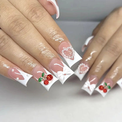 24pcs Duckbill Shaped Fake Nails Gold Butterfly Rhinestone Design False Nail Tips Wearable Full Cover French Press on Nails