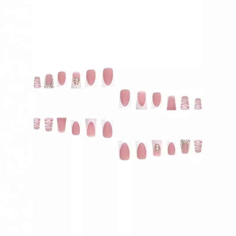 24Pcs Duck Nails Press Ons Diamond Flower Fashion Fake Nails Set Spice Girl Zebra-stripe Design Acrylic French False Nails Tips