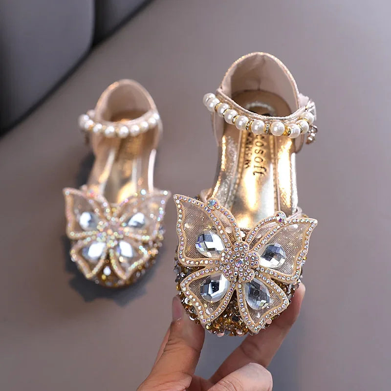 Kids Summer Children Wedding Party Shoes Girls Princess Sandals Performance Soft Flat Shoe Girls Dance Diamonds Butterfly Shoe