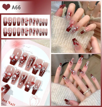 24pcs/box Luxury Pink Long Coffin Fake Nails Y2K Moon Star Rhinestones Press On Nails Handmade Full Cover Reusable False Nails