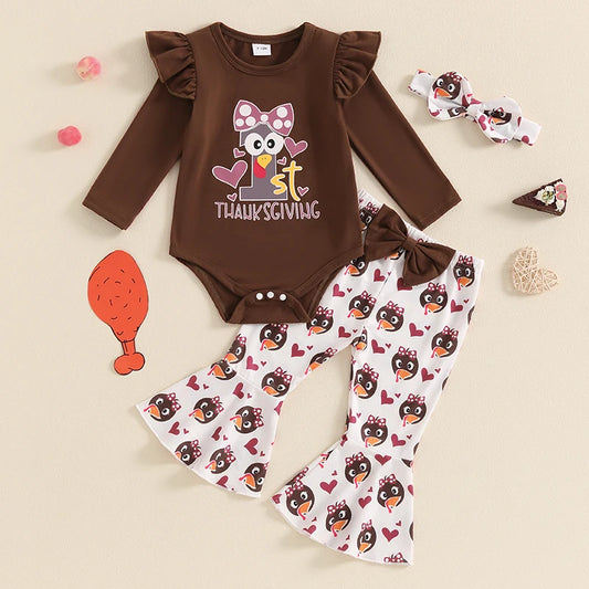 Lioraitiin Baby Girl Thanksgiving Outfit, Turkey Print Long Sleeve Romper Flared Pants Bow Headband 3Pcs Set for Fall