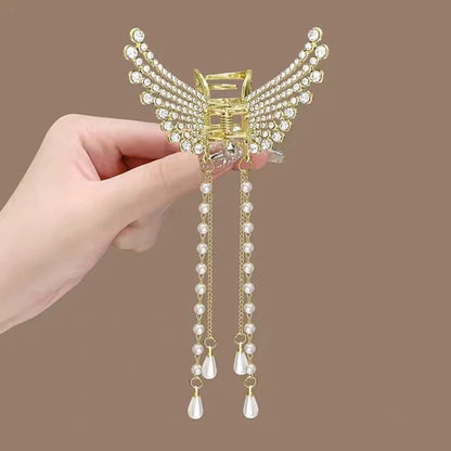 Exquisite Rhinestone Butterfly Fringe Hair Claw Clips Korean New Ponytail Braid Pearl Hairpin Girl Crab Metal Headdress Gift