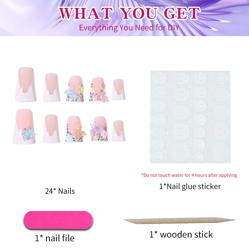 24pcs medium fake nail white French duck feet, colorful 3d butterfly flowers design, full cover press on nail，suitable for women