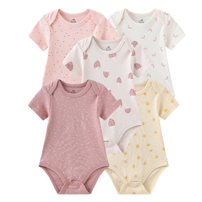 4/5PCS Cotton Bodysuits Print Newborn Baby Girl Clothes Short Sleeve Cartoon Baby Boy Clothes Set Solid Color Summer Bebes