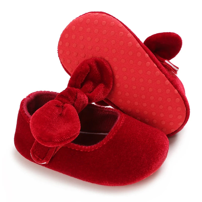 Newborn Baby Shoes Baby Girl Shoes Girl Classic Red Bowknot Rubber Sole Anti-slip PU Dress Shoes First Walker Toddler Crib Shoes