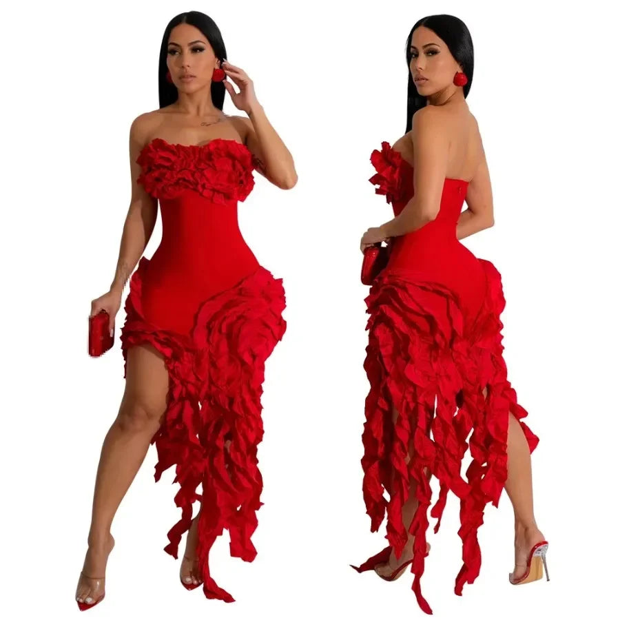 Elegant Ruffles Tassel Strapless Sleeveless Long Dress