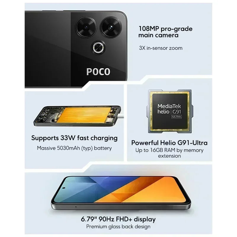 Global Version POCO M6 Smartphone 128GB 256G MediaTek Helio G91 Ultra 6.79'' 90Hz Display 33W Fast Charging 5030mAh Battery