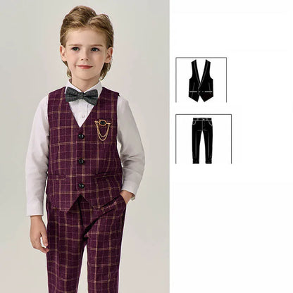 Prince Kids Purple Jakcet Vest Pants Bowtie Piano Party Dress Boys Wedding Ceremony Photograph Suit Children Performance Costume