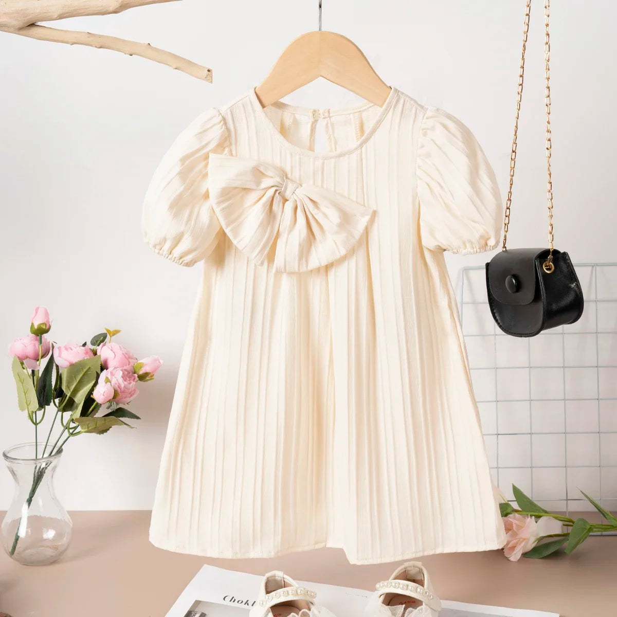 New Girl Dress Solid Color Bubble Sleeve Dress Cute Bow Party Dress Daily Casual Summer Clothing