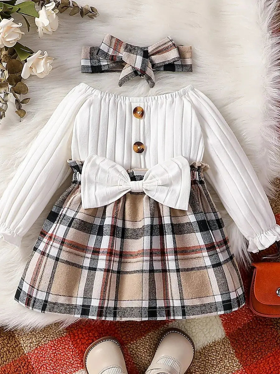 Baby Girls Summer Long Sleeve With Button Plaid For Preppy Style Party Dress