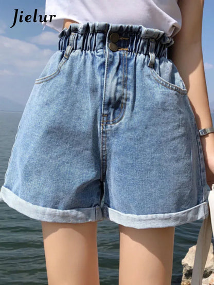 Jielur Summer Black Women Denim Shorts Women S-5XL Harem Ruffled White Blue High Waisted Shorts Female Elastic Short Jeans