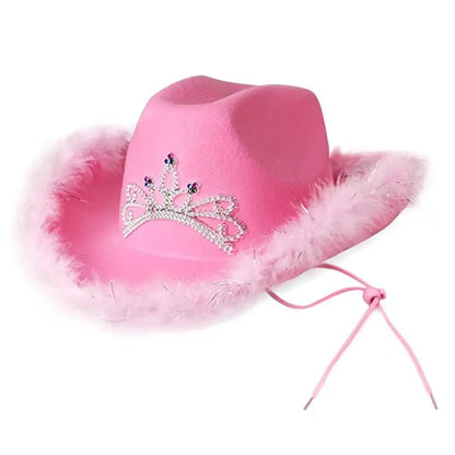 Pink Cowboy Hat Fluffy Feather Brim Cap With Crown Wild West Cowgirl Fancy Dress Costume Accessories Party Dress Up