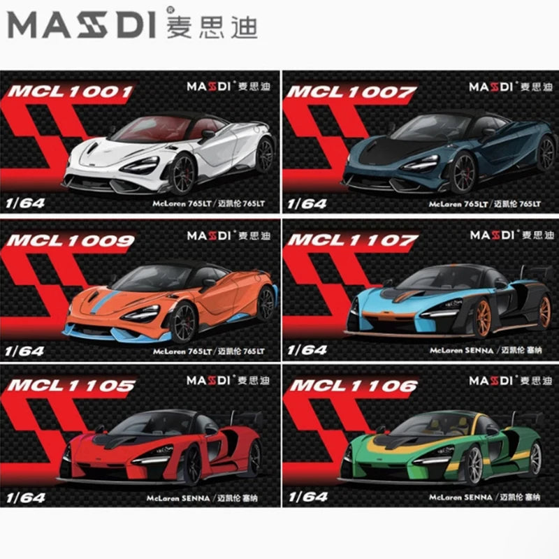 MASSDI Diecast Alloy 1/64 765LT MCL1001/1007/1009 Senna MCL1105/1106/1107 Car Model Static Collection Decorated Holiday Gifts