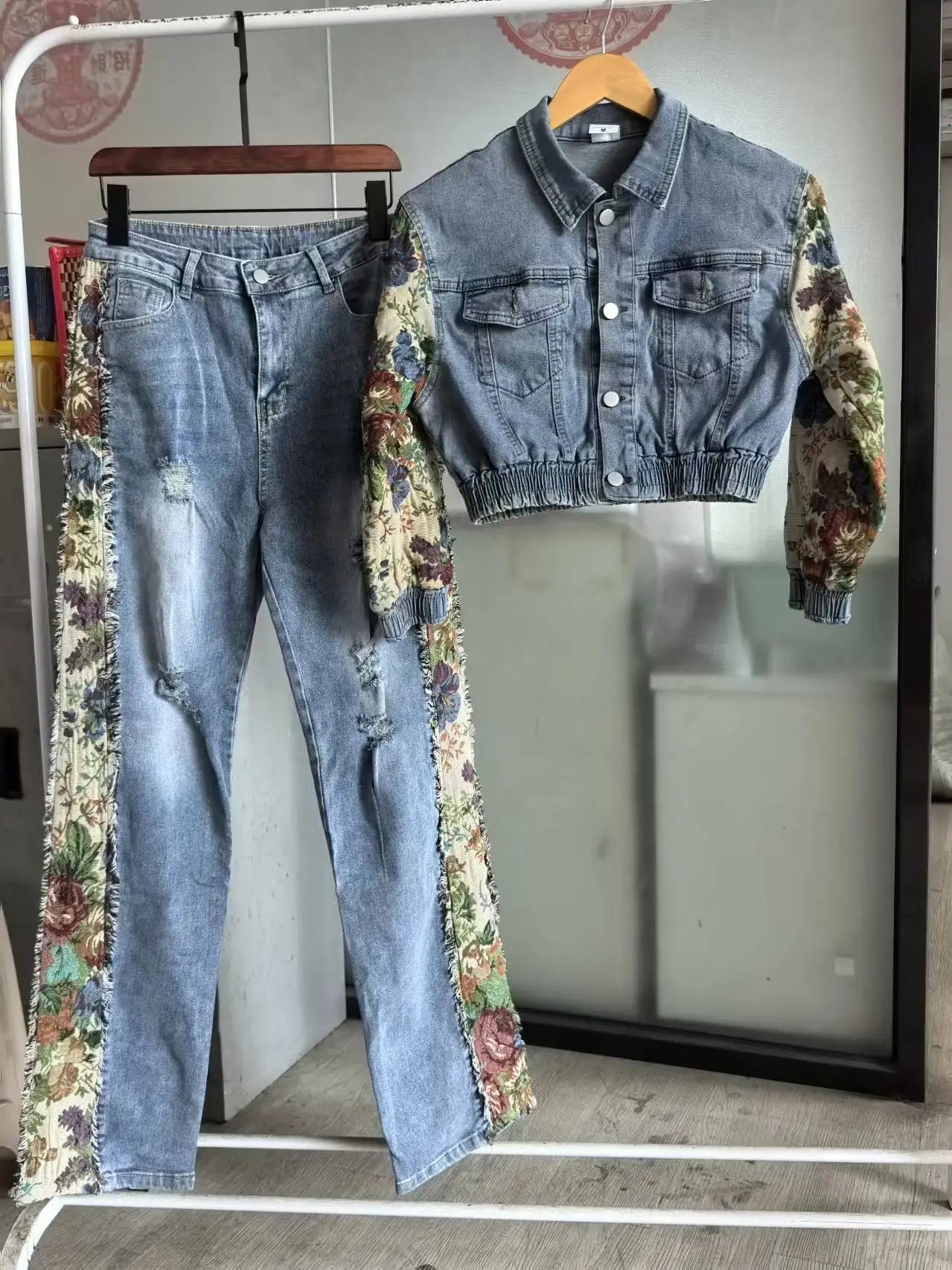 Denim Women's Set Floral Patchwork Full Sleeve Button Fly Jacket and Ripped Jeans Pants Suit 2025