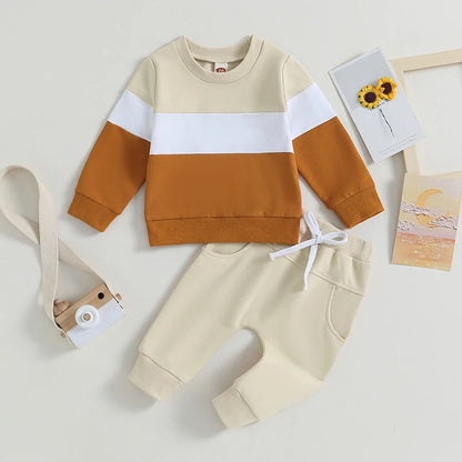 Pudcoco Toddler Baby Boy Fall Winter Clothes Color Block Long Sleeve Sweatshirt Pullover Top Pants Sweatsuit Set Outfits 0-3T