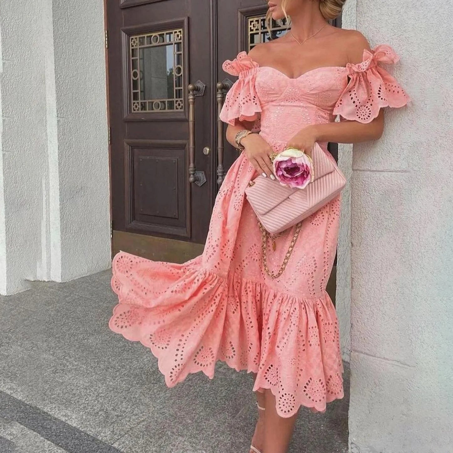 Sexy Off Shoulder Ruffled Dress Solid Hollow Out Dress Casual Slim Fit Party Dress Women Elegant Summer Dresses 2024 Vestidos