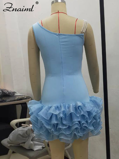 Women Blue Stretchy Mini Dresses With Pearls Ruffles Trimmed Bottom