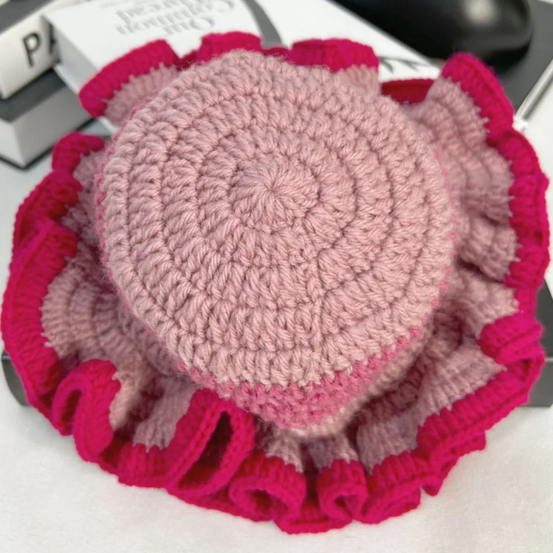 Handmade Crochet Knitted Hats Women Girl Crochet Scallop Ruffle Edge Knit Bucket Caps Adult Trendy Rainbow Striped Beach Sun Hat