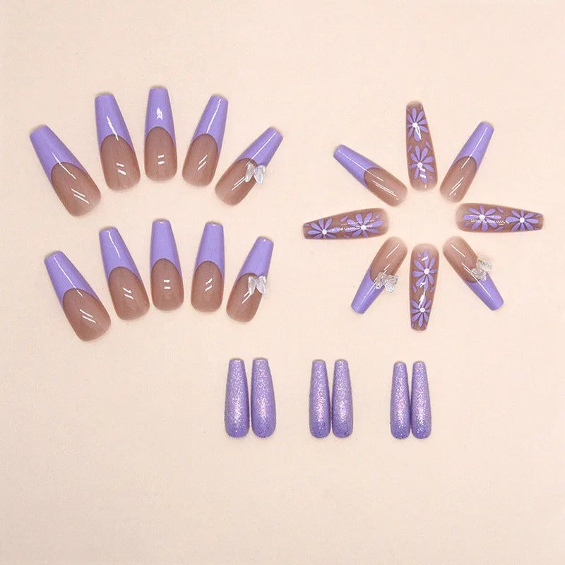 24-piece Long French Pop Flash Butterfly Flower Fingernail with 1 Jelly Glue and 1 Nail File