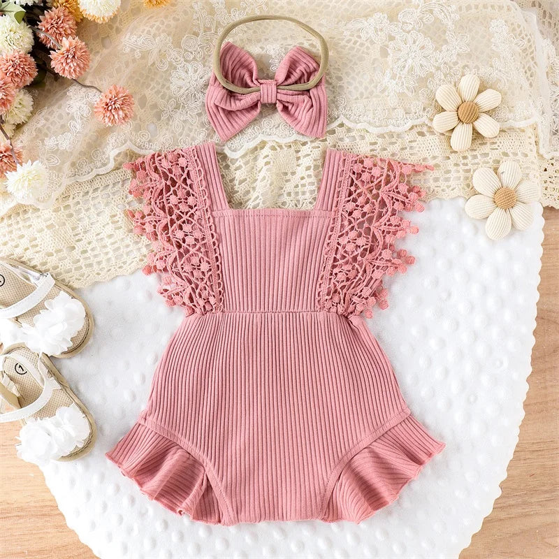 Tregren 0-18M Infant Baby Girls Summer Rompers Cute Lace Sleeve Round Neck Ruffle Bodysuits with Headband Casual Newborn Clothes