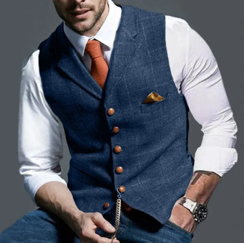 Spring and Autumn Europe and The United States Men's Fashion Plaid Casual Single-breasted Vest Slim-fit Suit Vest, Commuting