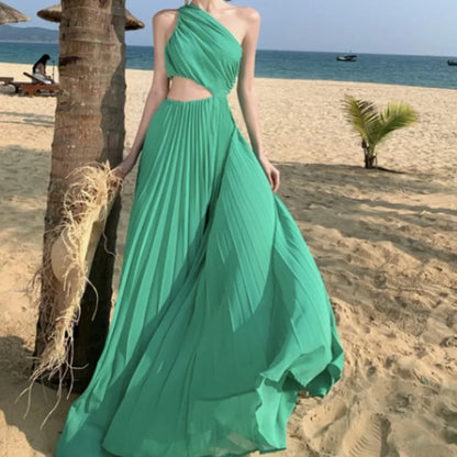 Elegant Hollow Out Pleated Off Shoulder Off Waist Split Dress Vacation Diagonal Collar Women Ceremonial Vestidos Dresses