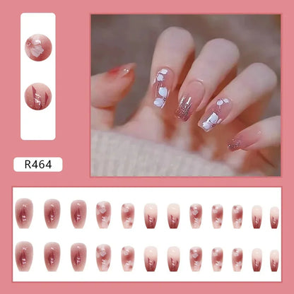 Vintage Camellia Wearable Pink Press on Fake Nails Tips with Glue False Nails Design Butterfly Lovely Girl False Nails