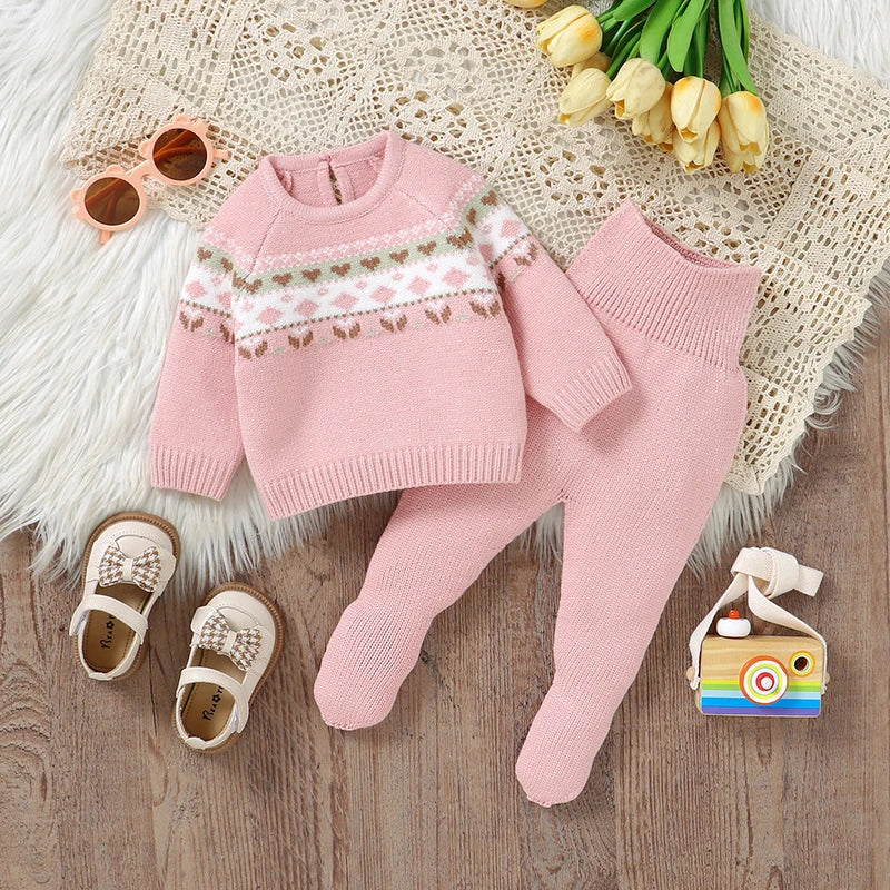 Baby Clothes Set Knitted Infant Sweater Long Sleeve +Pants Foot Wrap Warm 2pc Newborn Girl Pullover +Trousers Fashion Solid 0-9M