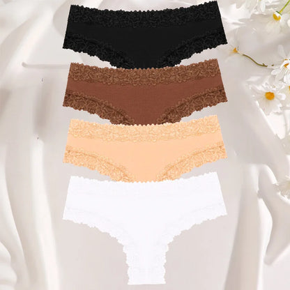 FINETOO 4PCS Women Cotton Brazil Panties Sexy Low Waist Lace Briefs Solid Color Stretch Underpants Comfortable Lingerie Panties