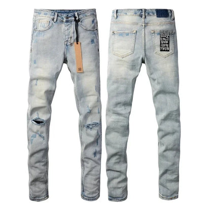 Fall 2024 New KSUBI Jeans American High Street Basics Made Old Patch Stretch Pants Men's Hip Hop Ripped Skinny Low-rise Jeans