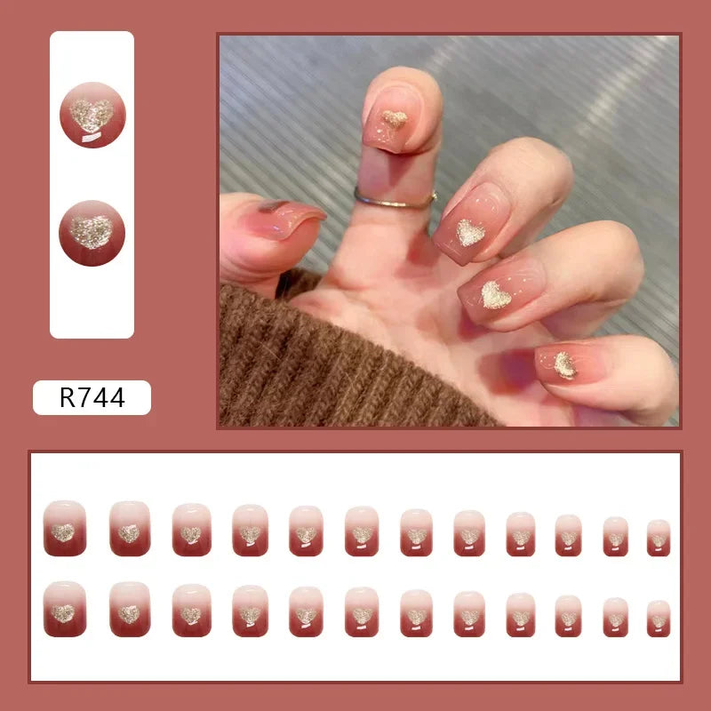 Vintage Camellia Wearable Pink Press on Fake Nails Tips with Glue False Nails Design Butterfly Lovely Girl False Nails