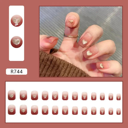 Vintage Camellia Wearable Pink Press on Fake Nails Tips with Glue False Nails Design Butterfly Lovely Girl False Nails