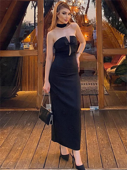 Tossy Tee Bow Off-Shoulder Slim Long Dress For Women Patchwork Fashion Elegant Hollow Out Backless Clothes Female Party Dress