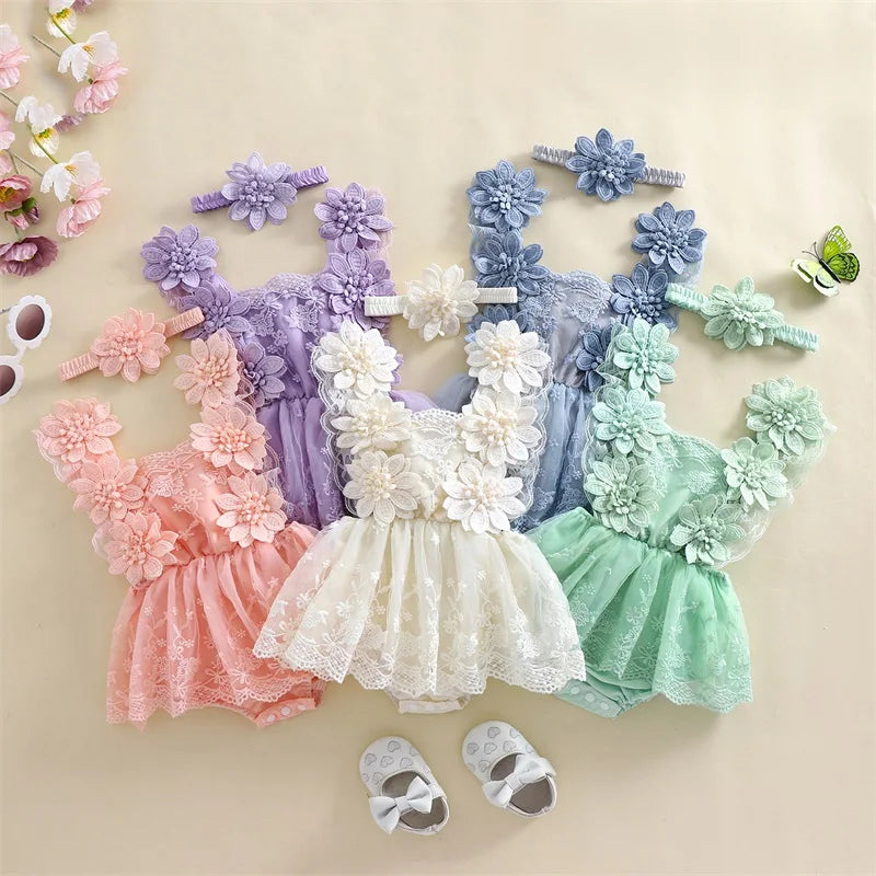 Pudcoco Infant Newborn Baby Girl Summer Outfit, Flower Embroidery Tie-Up Mesh Romper Dress Bow Headband 2 Piece Set 0-24M