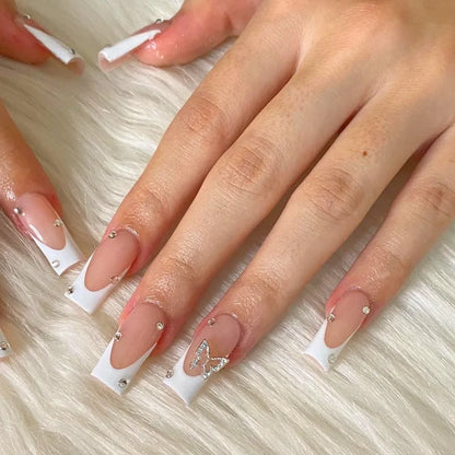 24Pcs Simple White French Press on Nails with Glue Long Ballet False Nails Wearable Coffin Fake Nails Full Cover Nail Tips