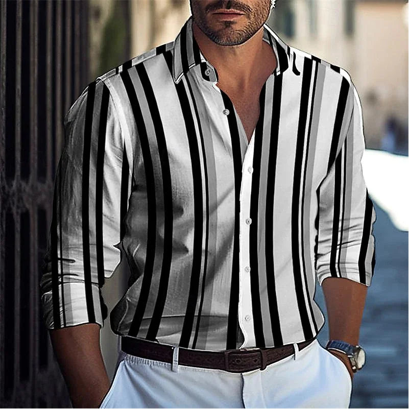 Striped Men's Business Casual 3D Printed shirt Spring/Summer lapel long sleeve Comfortable and elegant garment top