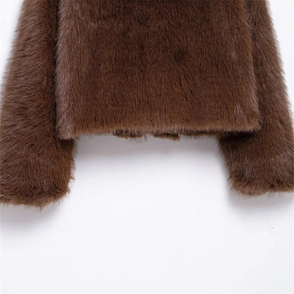 UNIZERA solid color loose fur short coat autumn and winter new item lapel long sleeved warm coat for women