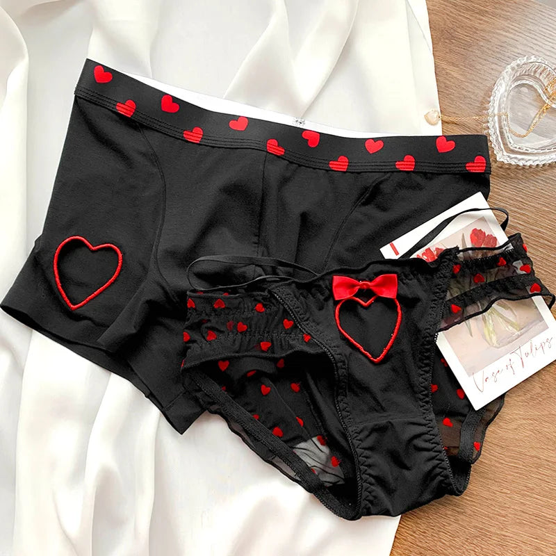 Couple Sexy Love Heart Briefs Bow Mid Waist Mesh Breathable Comfortable Knicker Men Boxer Shorts Boyfriend Girlfriend Underwear