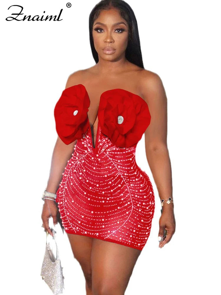 Znaiml Chic 3D Flower Rhinestones Peals Mesh Off Shoulder Bodycon Red Mini Dress Women Sexy Birthday Evening Prom New Year Robe