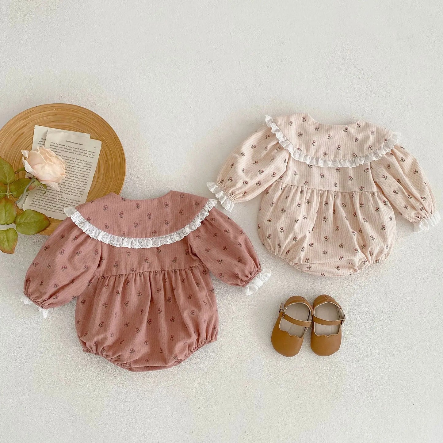 2024 Autumn Infant Baby Girls Full Sleeve Peter Pan Collar Lace Ruched Floral One-piece Newborn Kids Jumpsuits Toddler Bodysuits