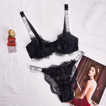 2024 Classic Women's Sexy Lingerie Set Sheer Lace Trim Supportive Adjustable Victoria's Secret Bra and Panty Set Lace Lingerie