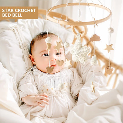 Baby Crib Mobile Bed Bell Rattle Toys Wooden Crochet Stars Pendant Bed Bell Toys Newborn Comfort Crib Bracket Hanging Toys Gifts