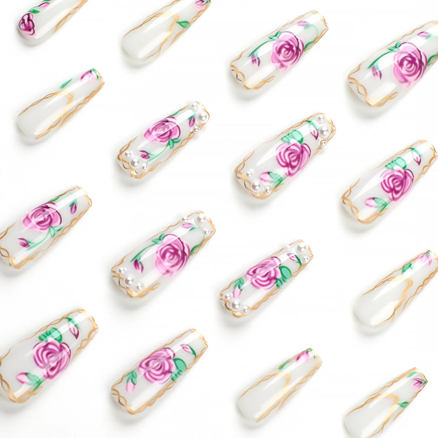 24 PCs Long French Simple Flower Nails with 1 Jelly Gel and 1 Nail File