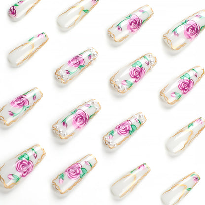 24 PCs Long French Simple Flower Nails with 1 Jelly Gel and 1 Nail File