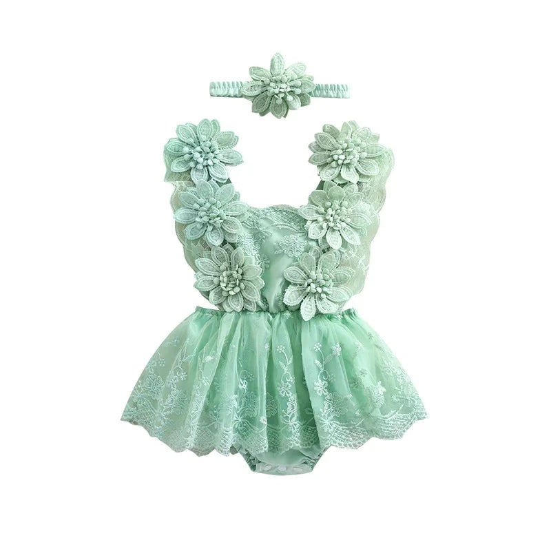 Pudcoco Infant Newborn Baby Girl Summer Outfit, Flower Embroidery Tie-Up Mesh Romper Dress Bow Headband 2 Piece Set 0-24M